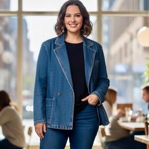 Vintage Bronx Clothiers Double Breasted Denim Jacket Women Medium Blue Long Line